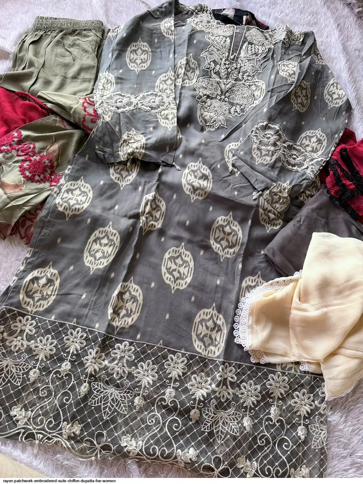 RAYON PATCHWORK EMBROIDERED SUITS CHIFFON DUPATTA FOE WOMEN 3