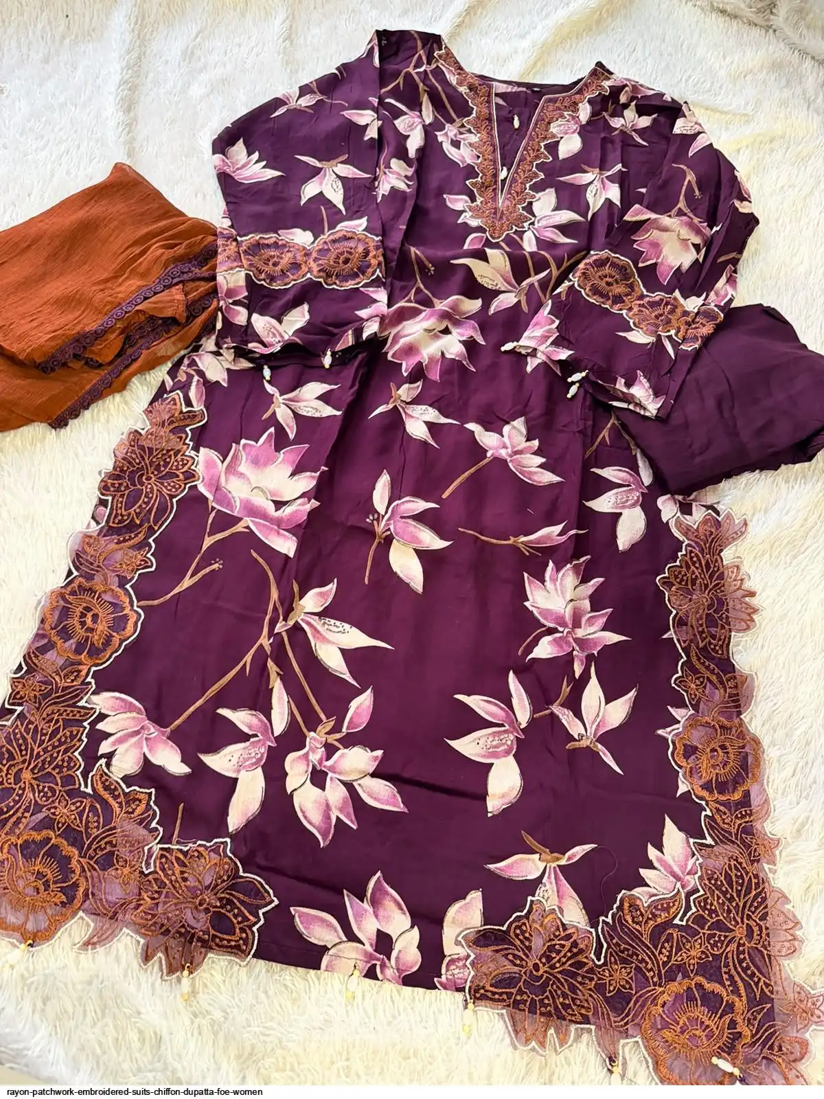 RAYON PATCHWORK EMBROIDERED SUITS CHIFFON DUPATTA FOE WOMEN 4