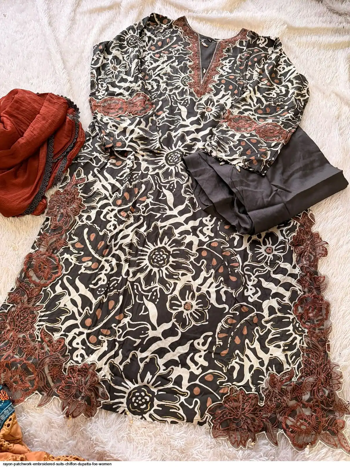 RAYON PATCHWORK EMBROIDERED SUITS CHIFFON DUPATTA FOE WOMEN 9