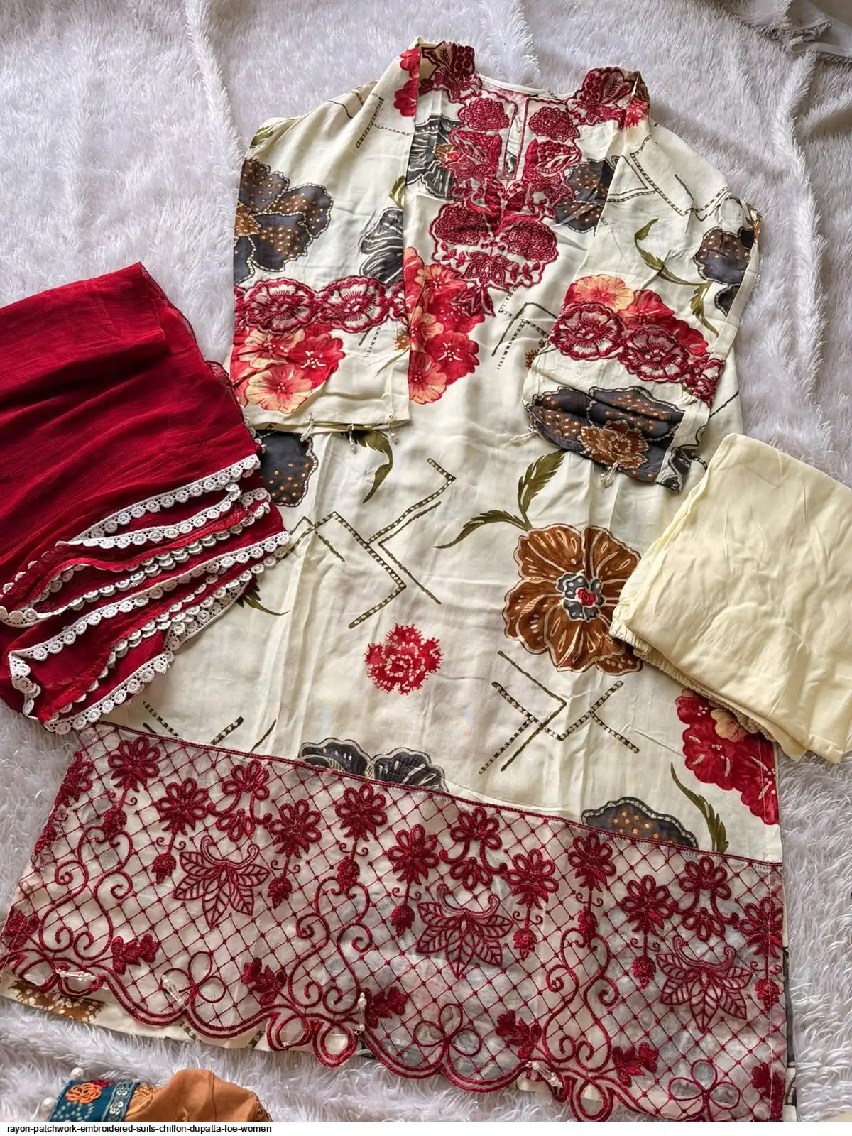 RAYON PATCHWORK EMBROIDERED SUITS CHIFFON DUPATTA FOE WOMEN 12