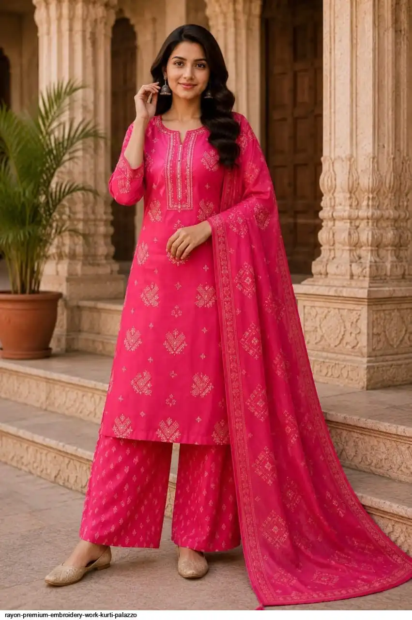 RAYON PREMIUM EMBROIDERY WORK KURTI PALAZZO A