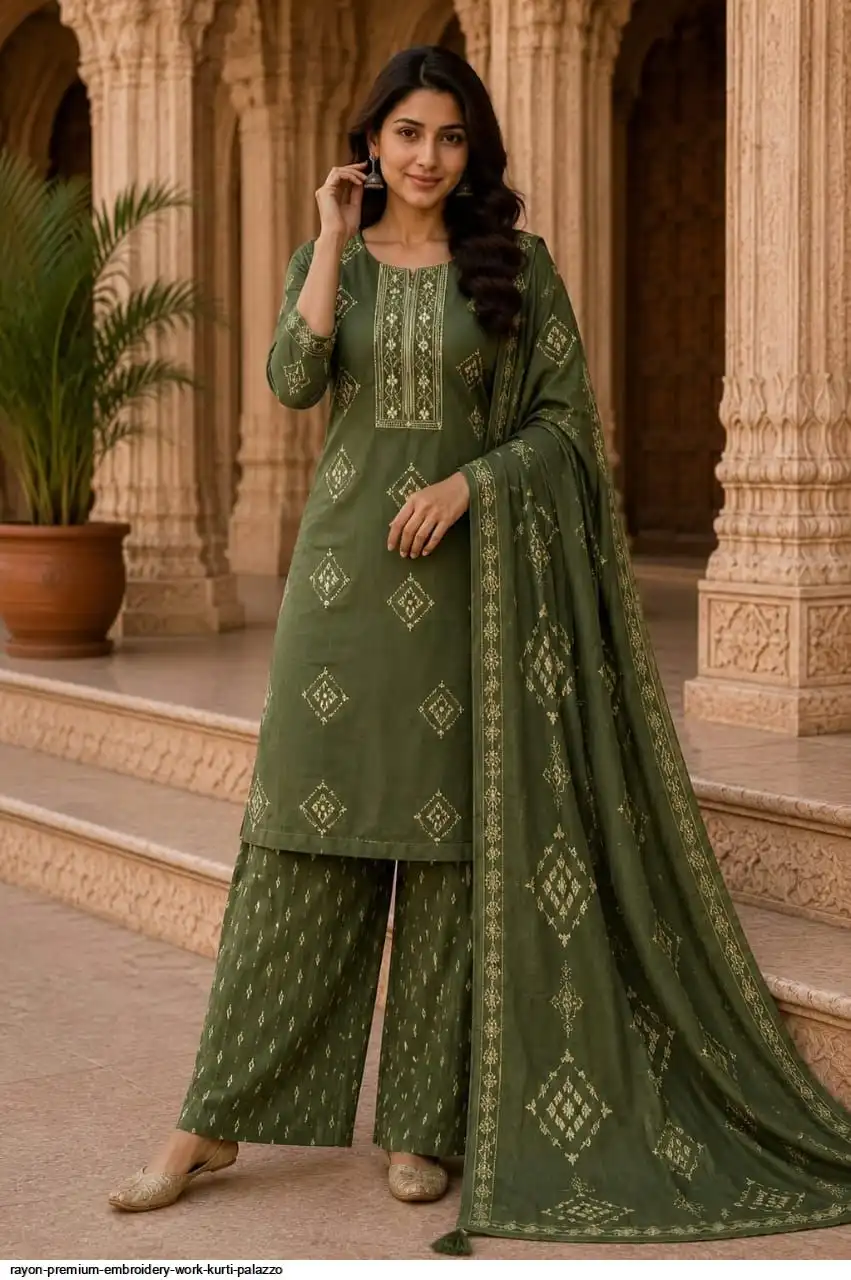 RAYON PREMIUM EMBROIDERY WORK KURTI PALAZZO B
