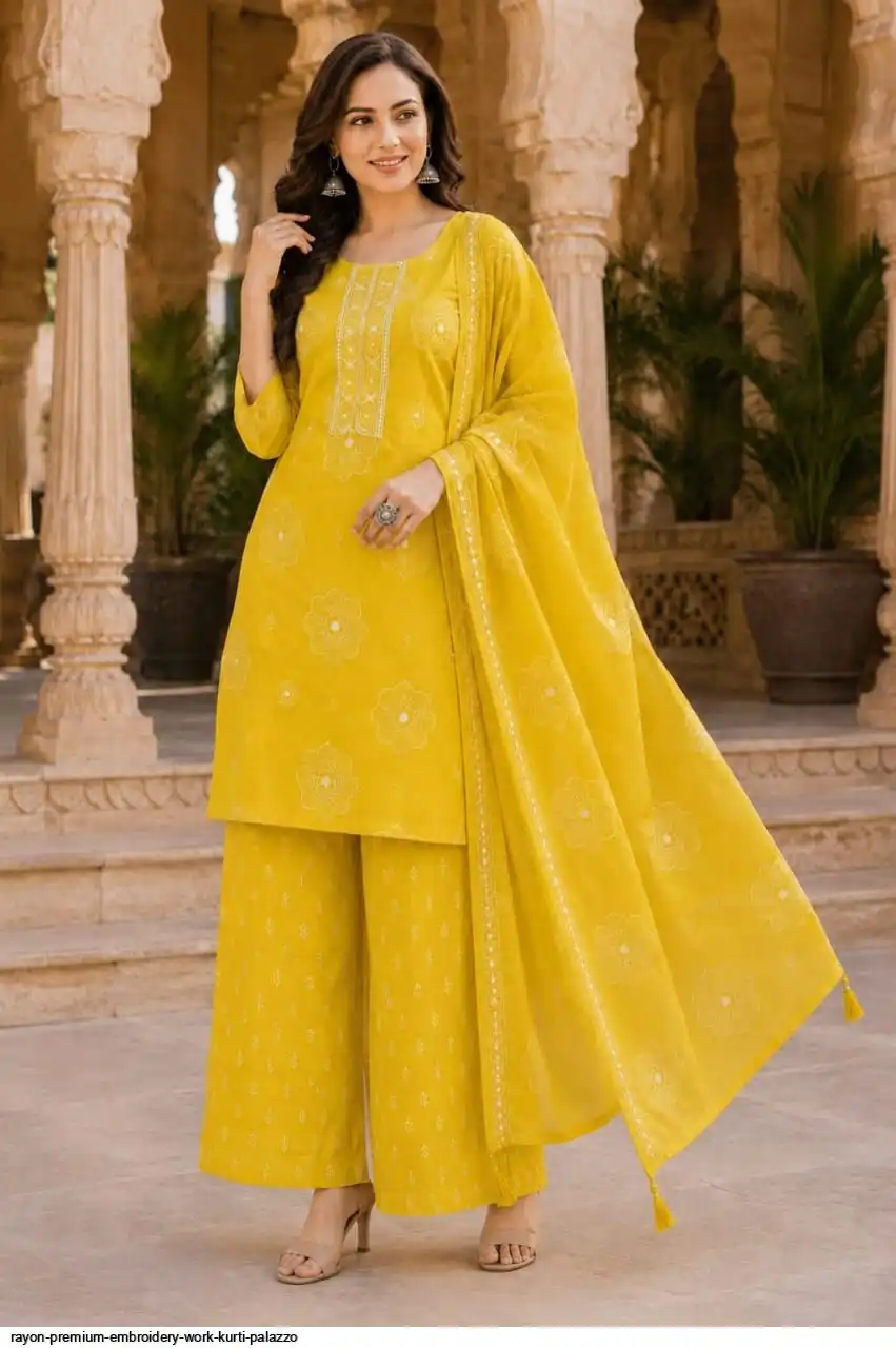 RAYON PREMIUM EMBROIDERY WORK KURTI PALAZZO E