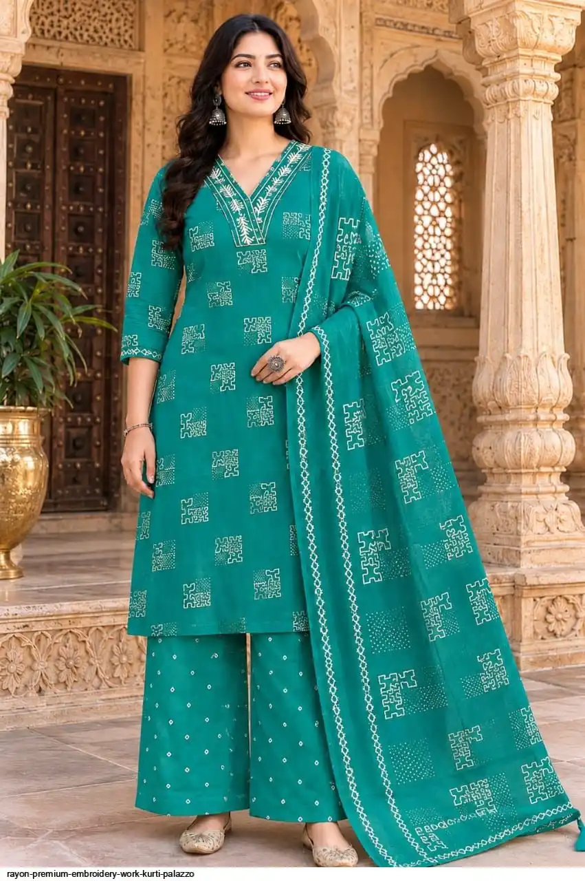 RAYON PREMIUM EMBROIDERY WORK KURTI PALAZZO K