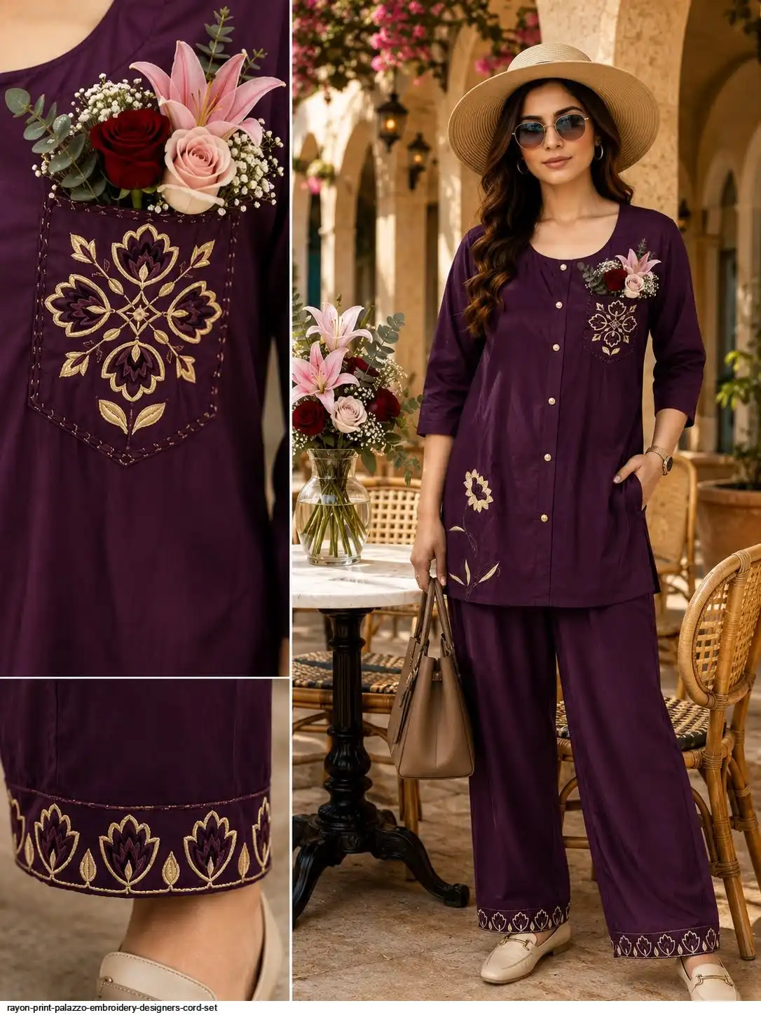 RAYON PRINT PALAZZO EMBROIDERY DESIGNERS CORD SET A