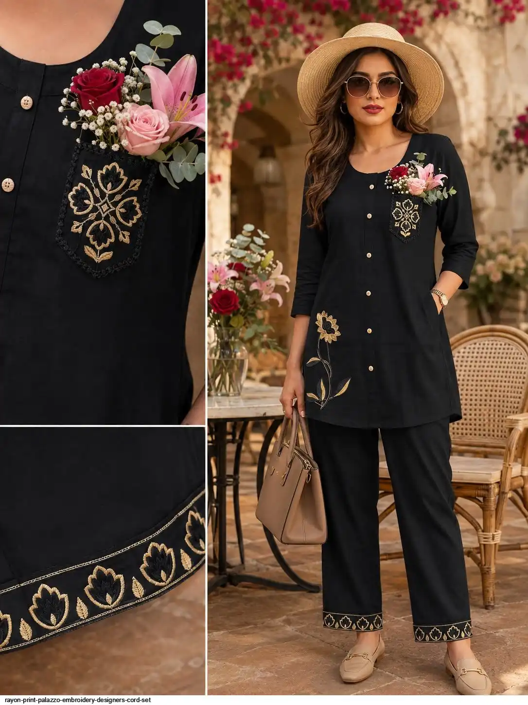 RAYON PRINT PALAZZO EMBROIDERY DESIGNERS CORD SET C