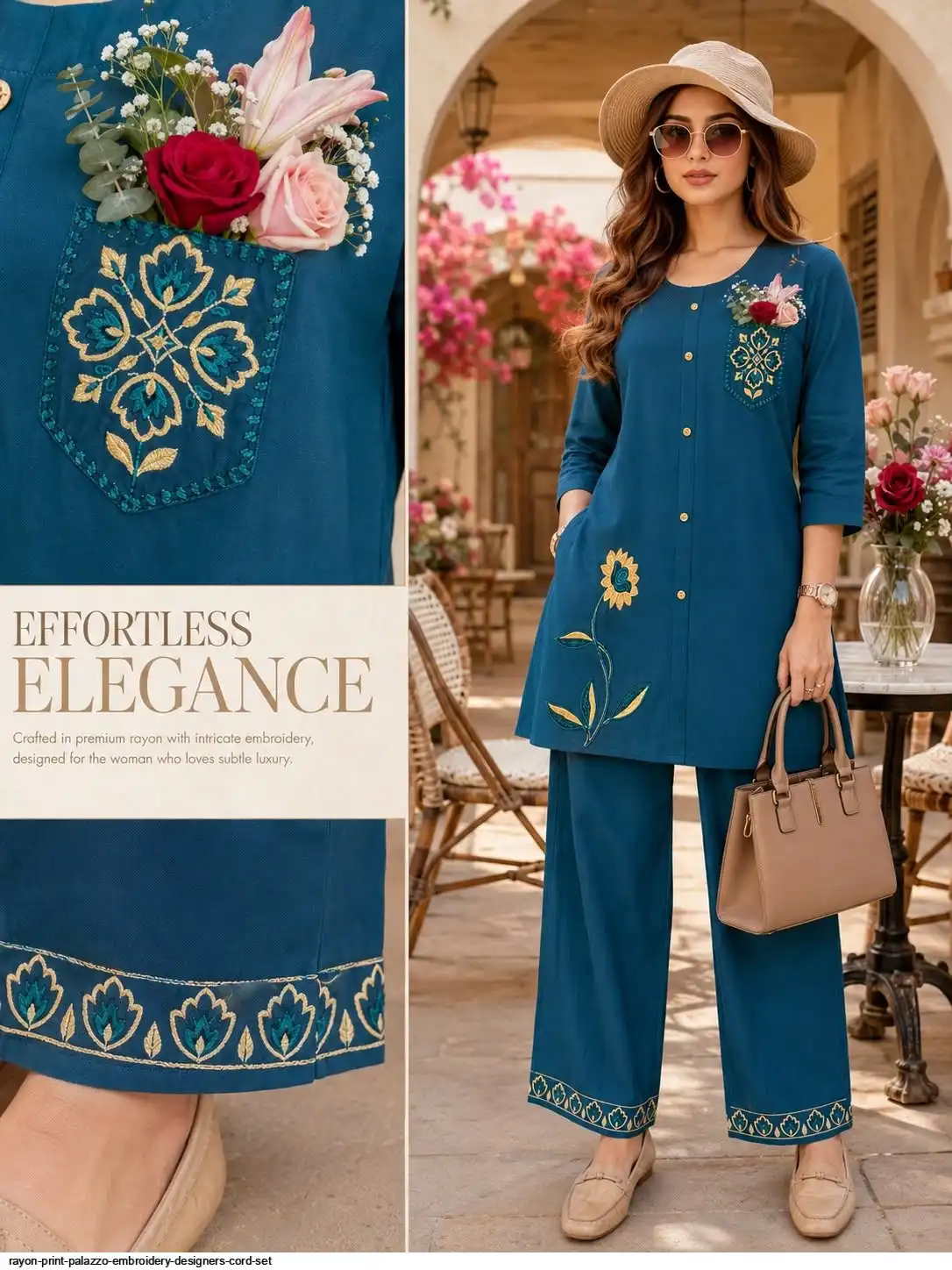 RAYON PRINT PALAZZO EMBROIDERY DESIGNERS CORD SET D