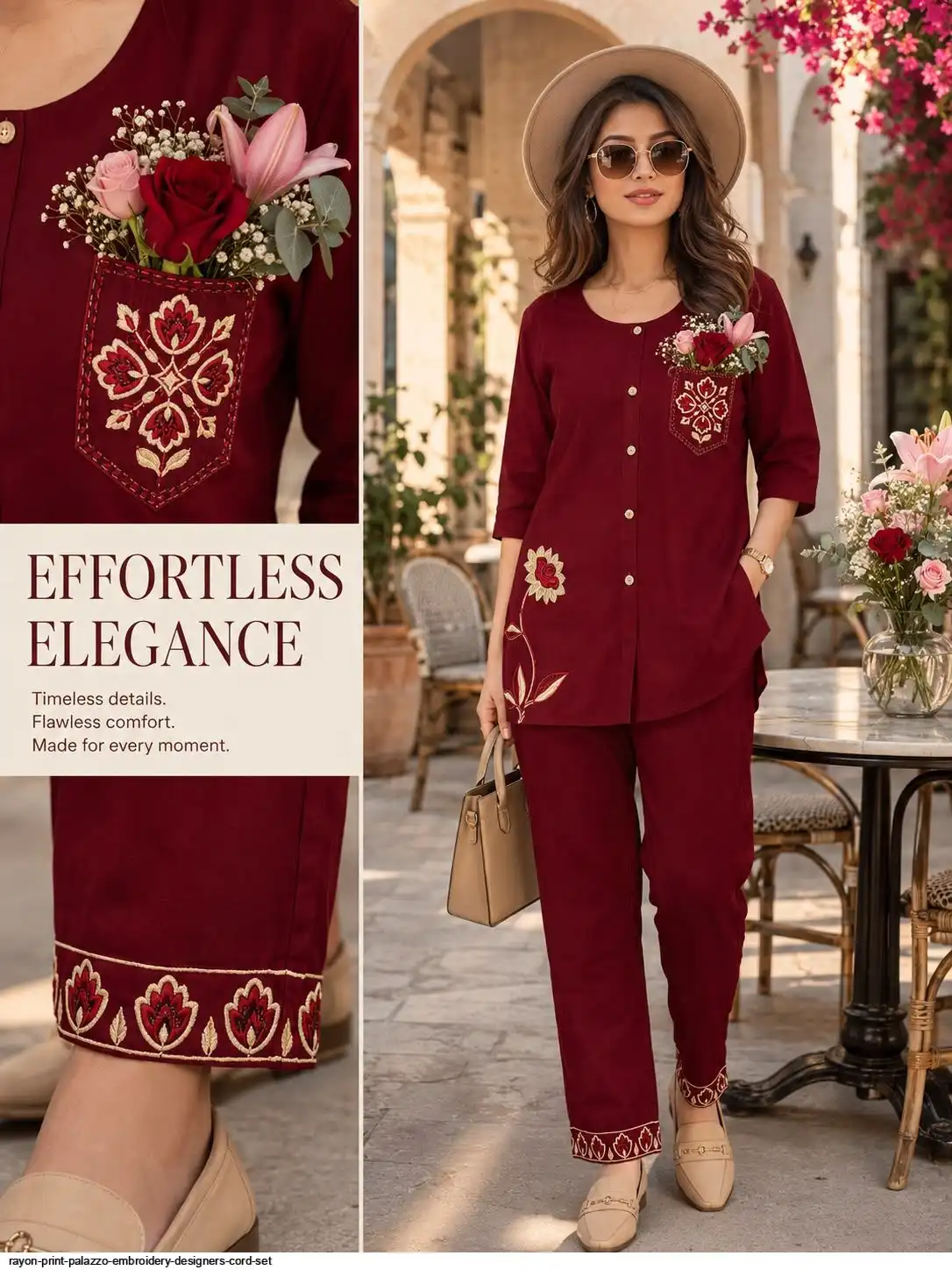 RAYON PRINT PALAZZO EMBROIDERY DESIGNERS CORD SET F