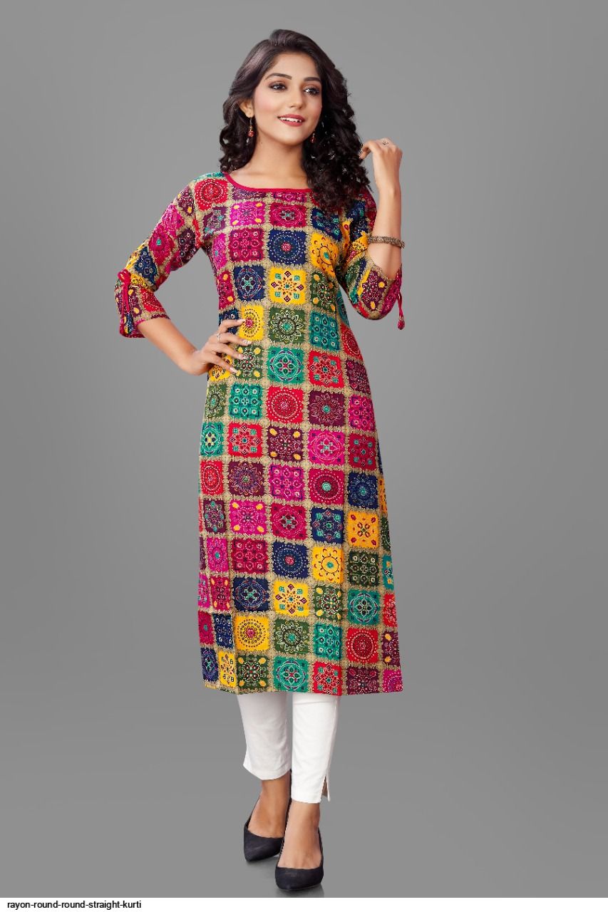 Women Multi Geometric Printed Straight Kurta With Three Quarter Sleeve –  Nayo Clothing