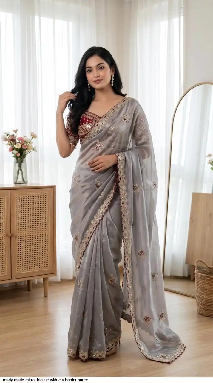 READY MADE MIRROR BLOUSE WITH CUT BORDER SAREE 2