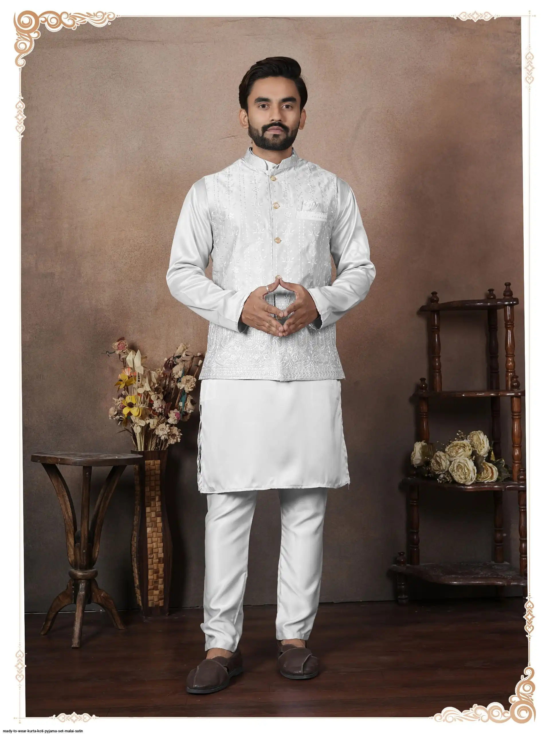 READY TO WEAR KURTA KOTI PYJAMA SET MALAI SATIN 1