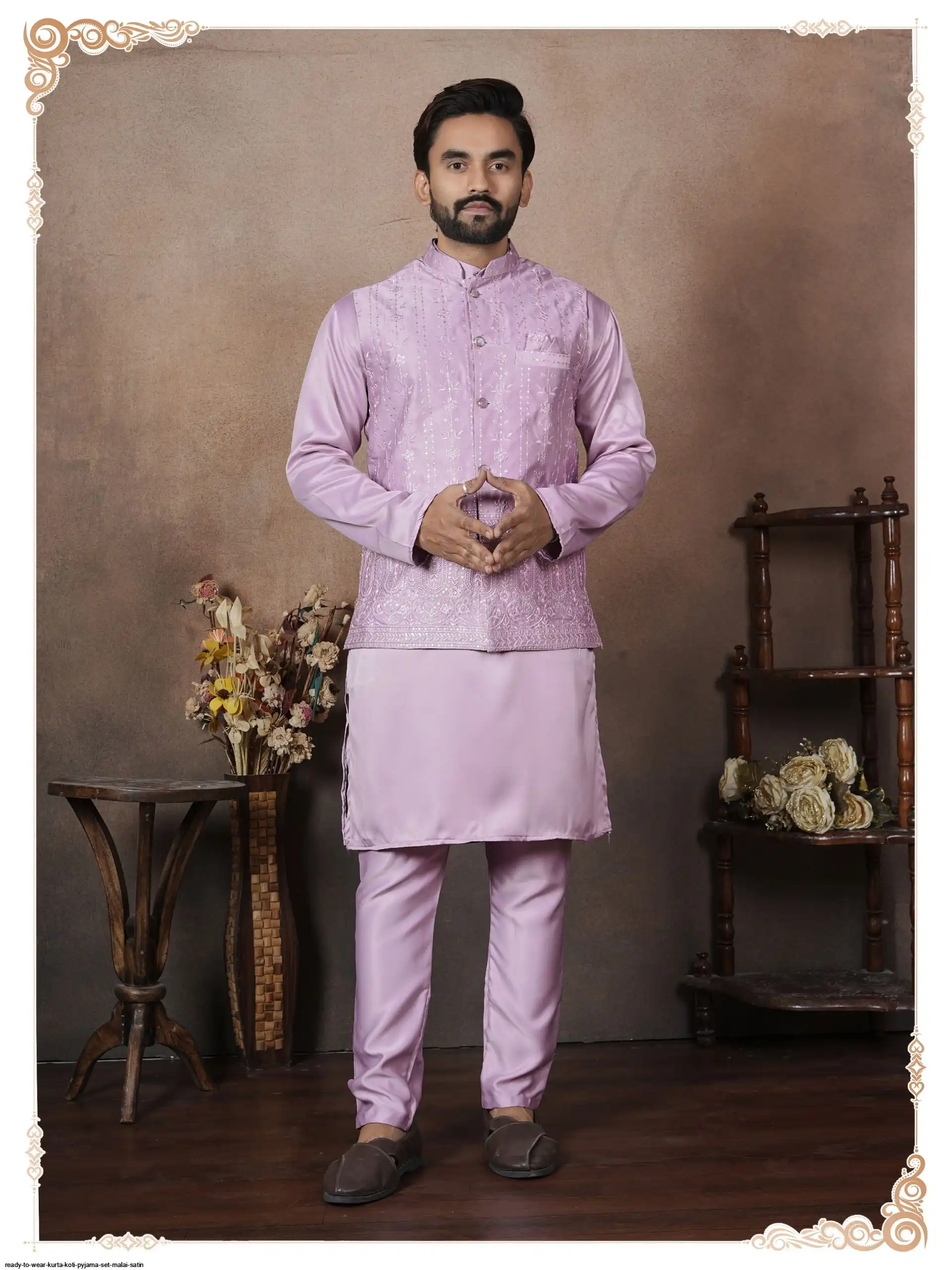 READY TO WEAR KURTA KOTI PYJAMA SET MALAI SATIN 2