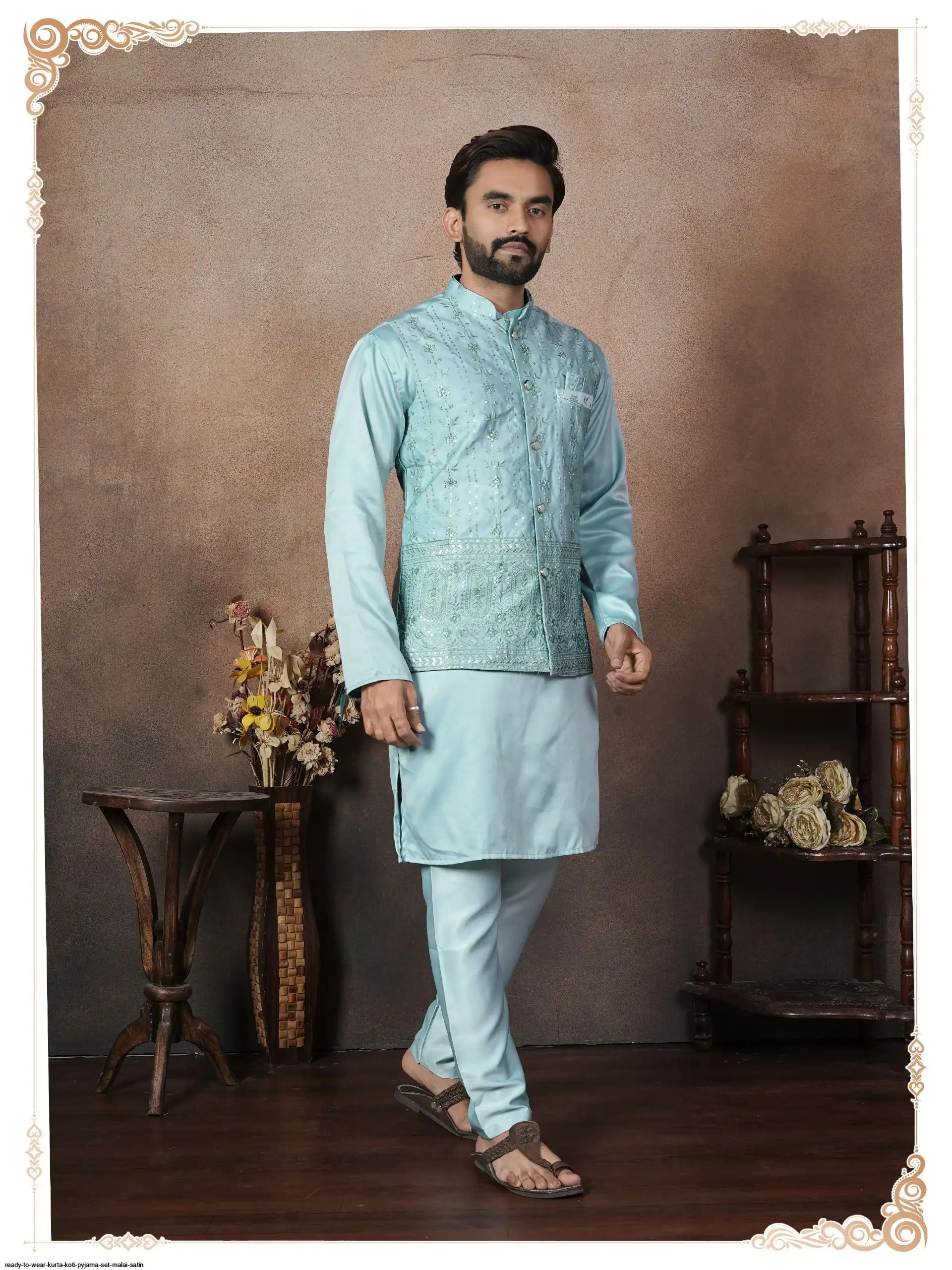 READY TO WEAR KURTA KOTI PYJAMA SET MALAI SATIN 3