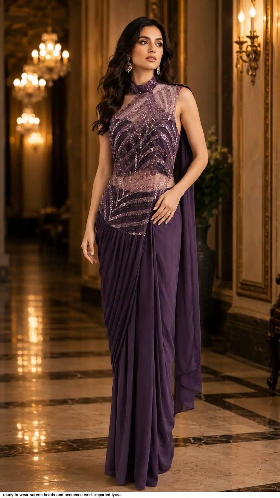 READY TO WEAR SAREES BEADS AND SEQUENCE WORK IMPORTED LYCRA D