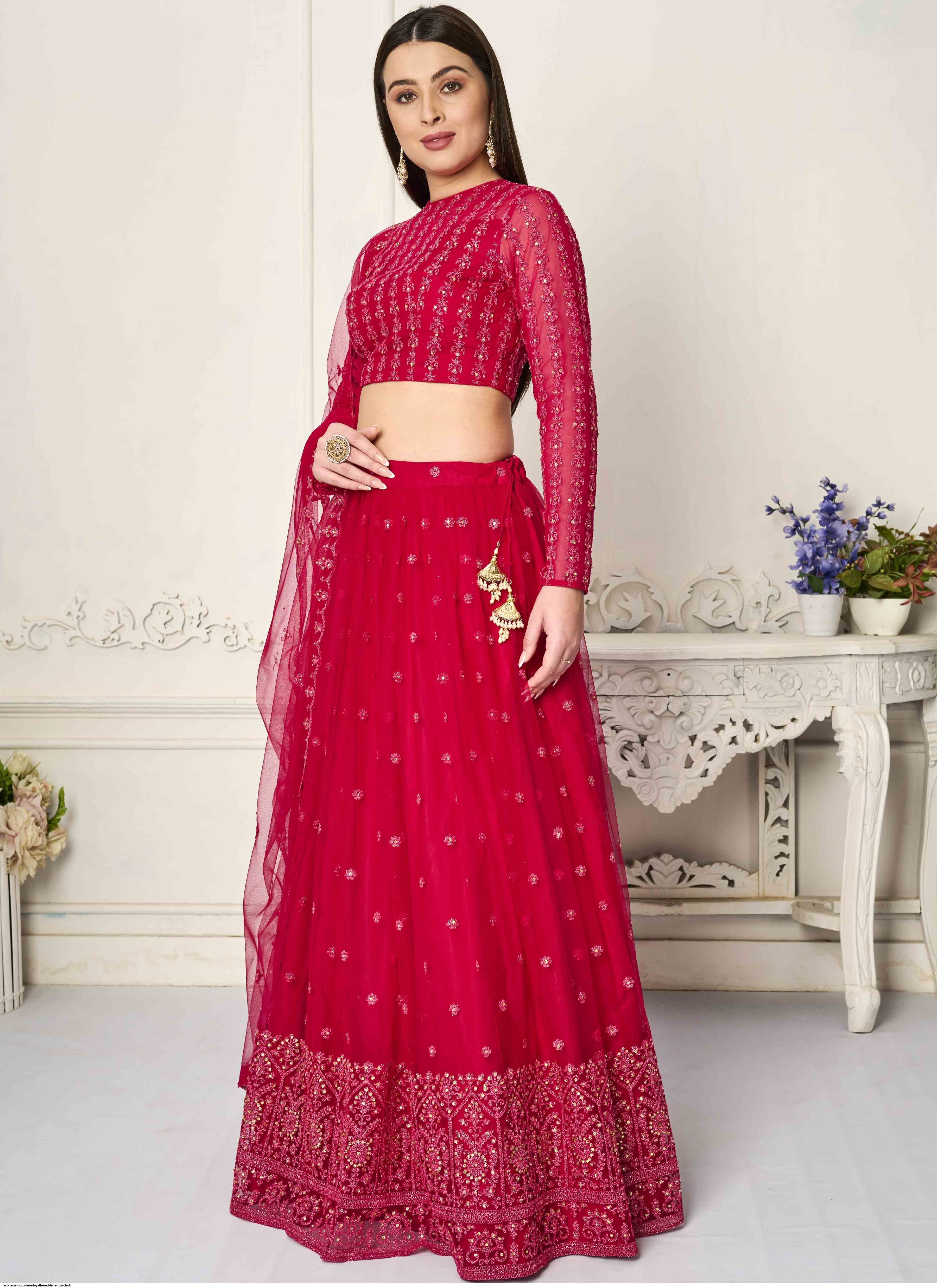Lehenga High Neck Blouse With Net RED NET EMBROIDERED