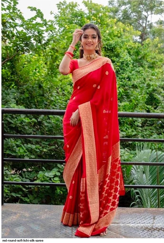 RED ROUND SOFT LICHI SILK SAREE