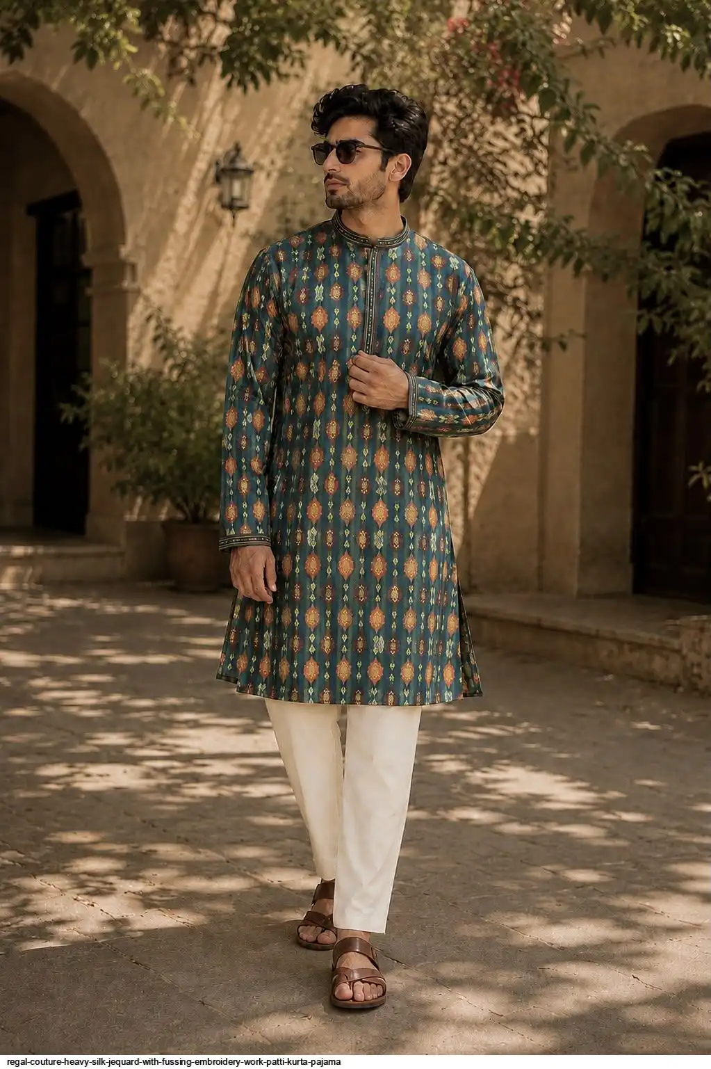 REGAL COUTURE HEAVY SILK JEQUARD WITH FUSSING EMBROIDERY WORK PATTI KURTA PAJAMA A