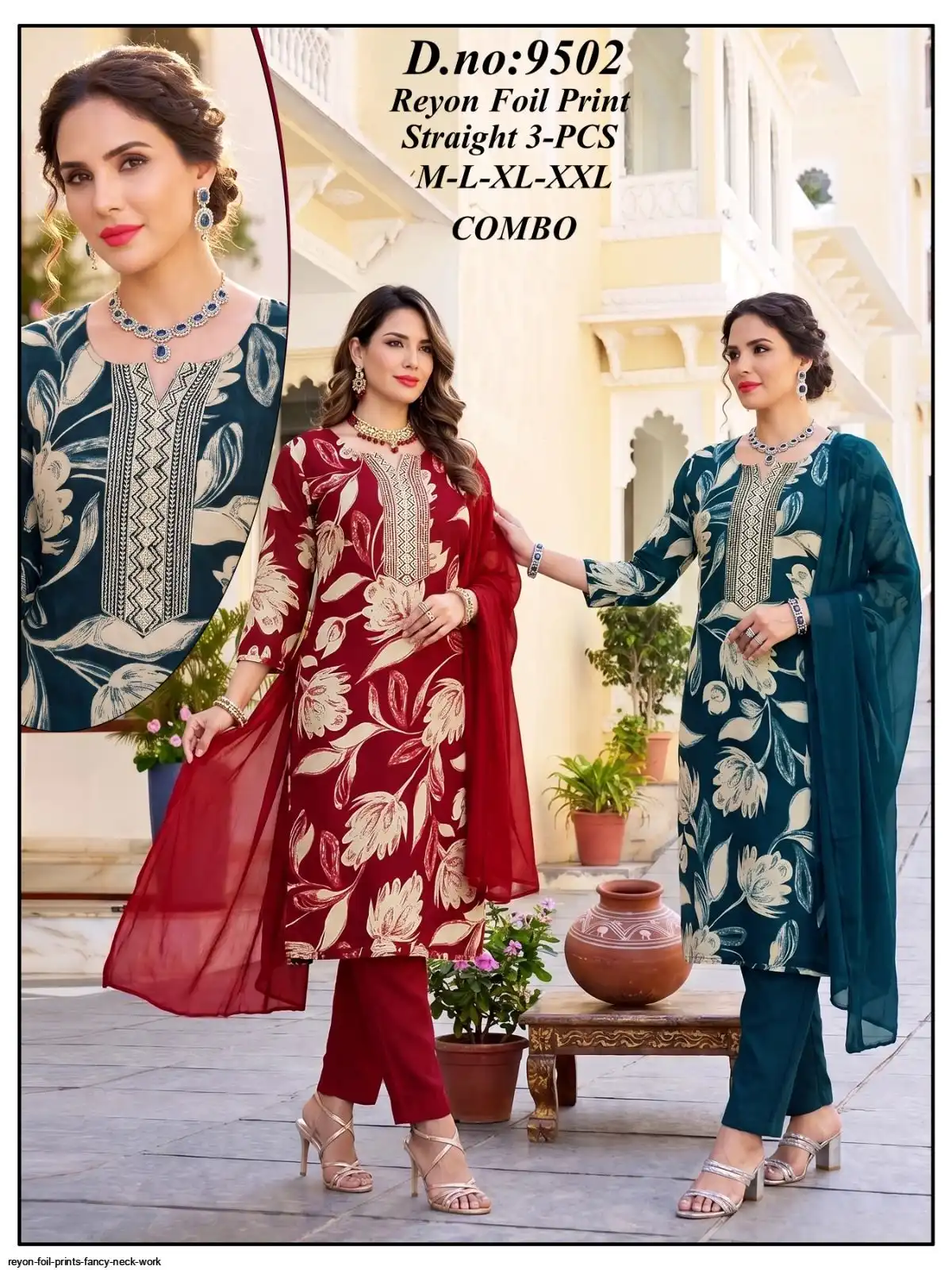 REYON FOIL PRINTS FANCY NECK WORK D