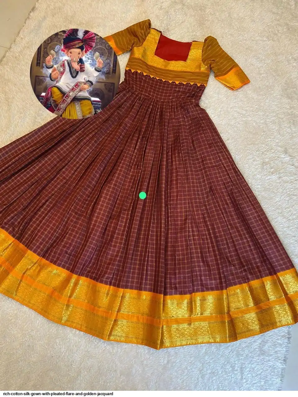RICH COTTON SILK GOWN WITH PLEATED FLARE AND GOLDEN JACQUARD 1
