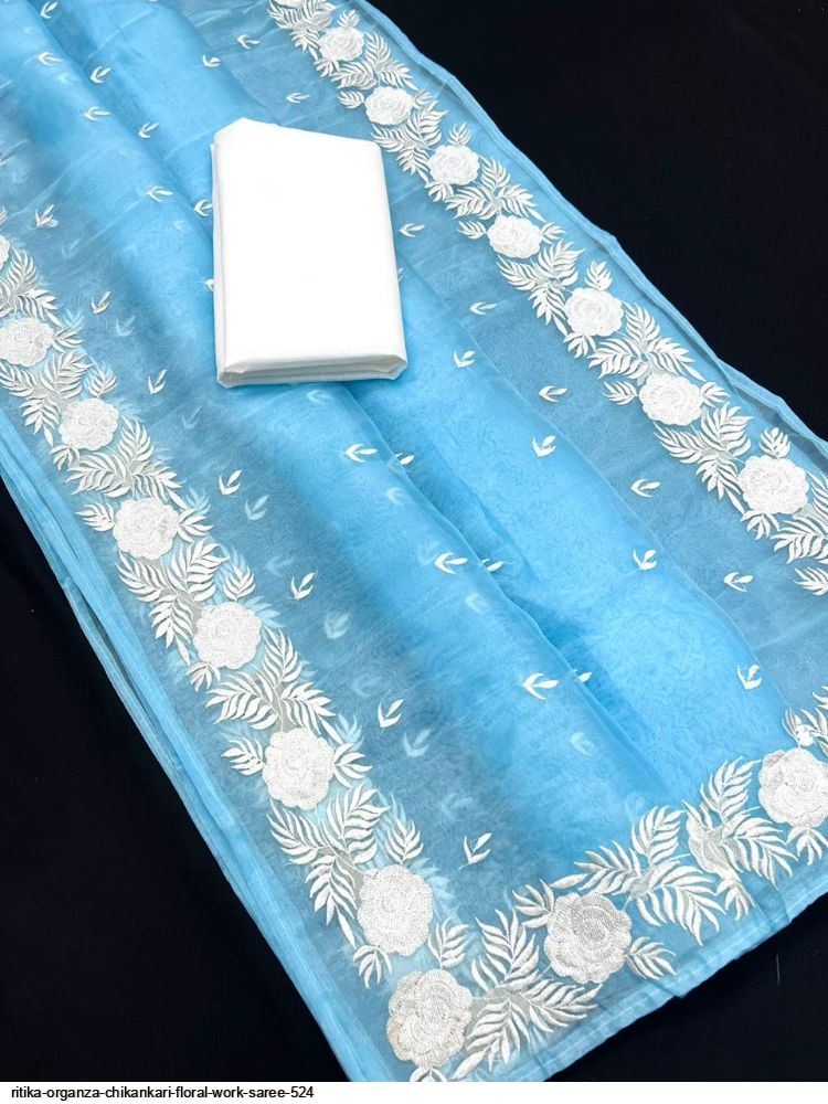 RITIKA ORGANZA CHIKANKARI FLORAL WORK SAREE 524 B