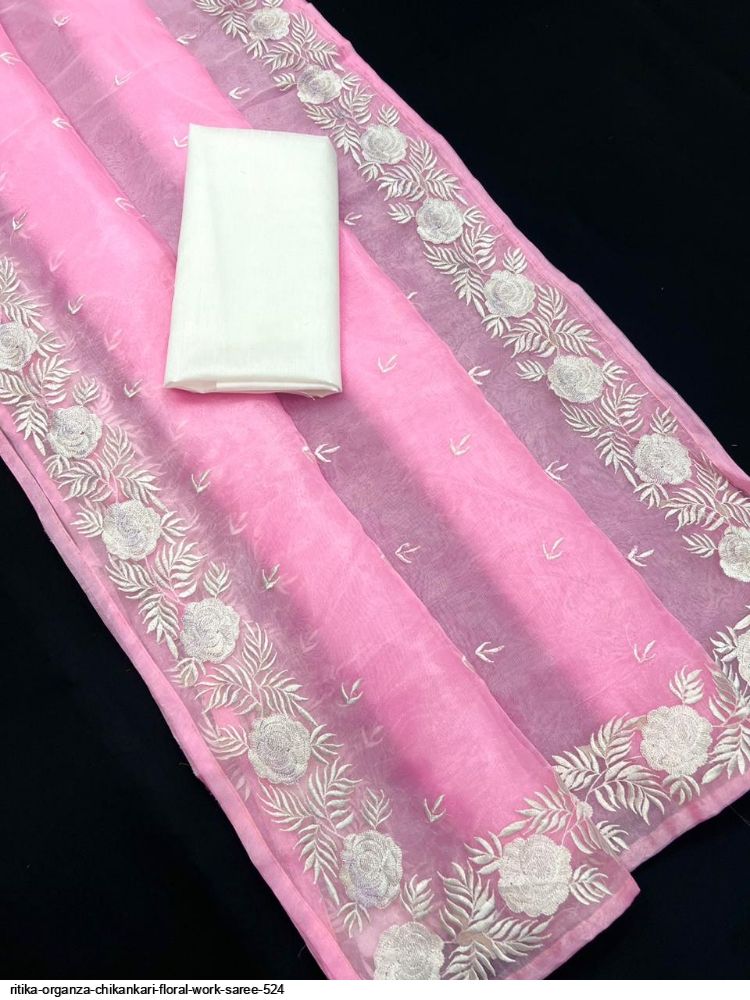 RITIKA ORGANZA CHIKANKARI FLORAL WORK SAREE 524 C
