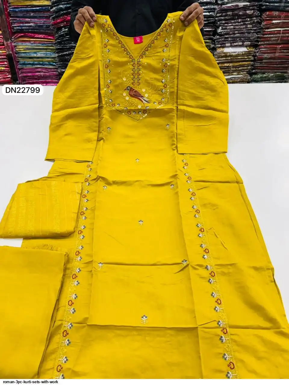 DN22799 ROMAN 3PC KURTI SETS WITH WORK A
