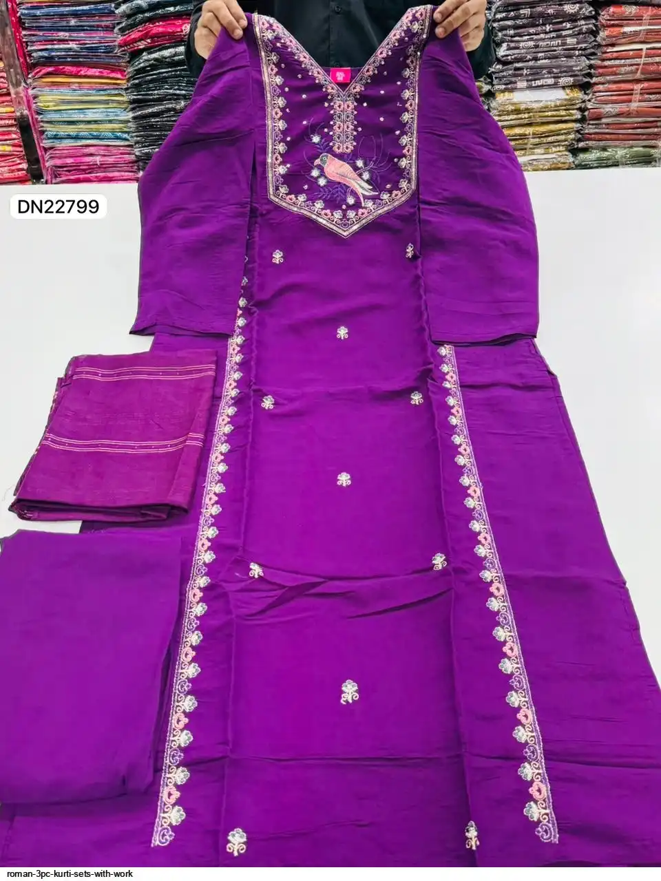 DN22799 ROMAN 3PC KURTI SETS WITH WORK B