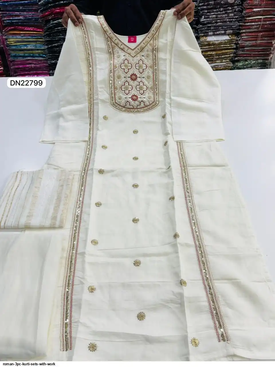 DN22799 ROMAN 3PC KURTI SETS WITH WORK C