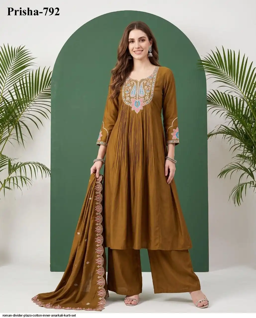 ROMAN DIVIDER PLAZO COTTON INNER ANARKALI KURTI SET 3