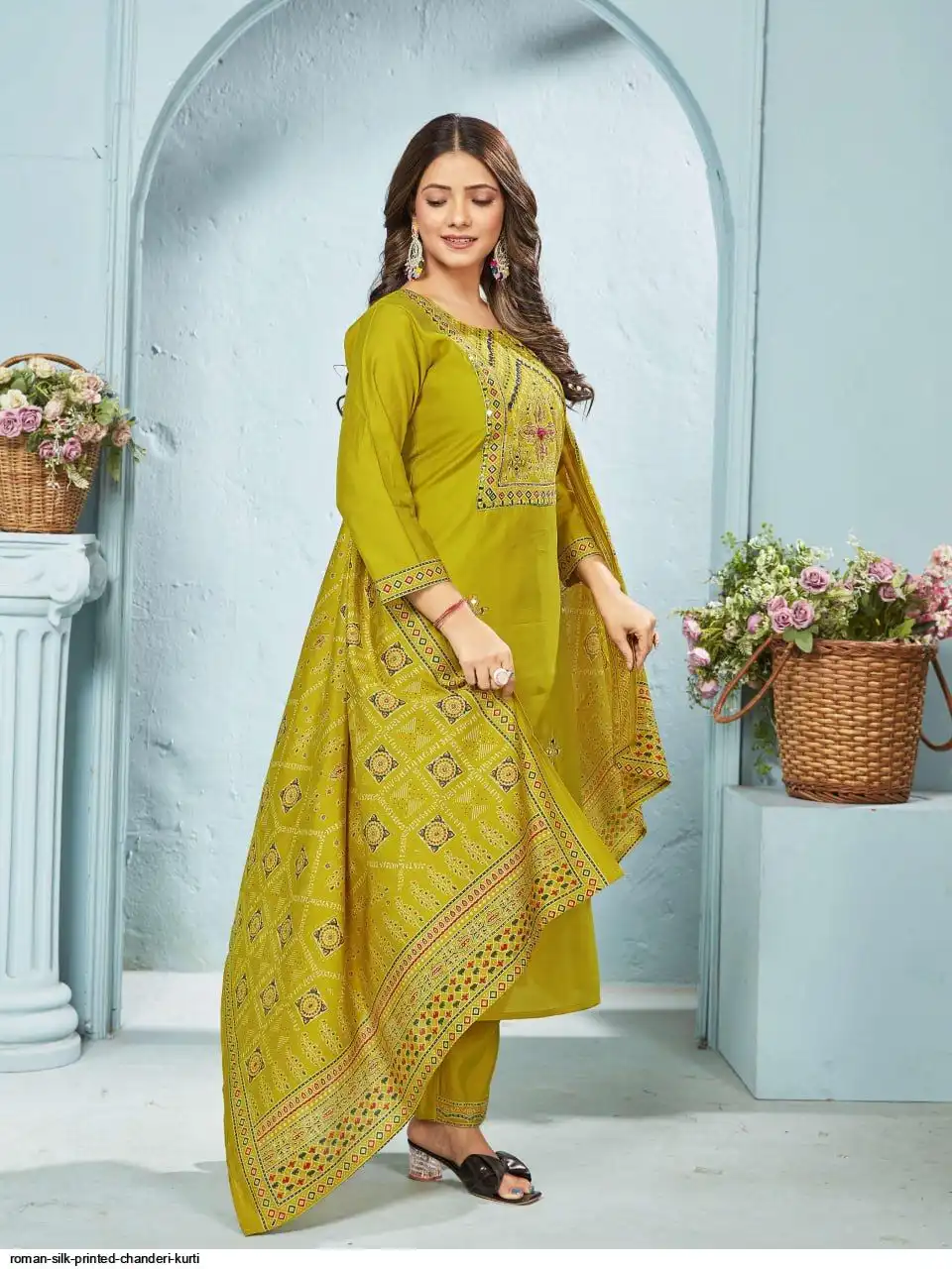 ROMAN SILK PRINTED CHANDERI KURTI A