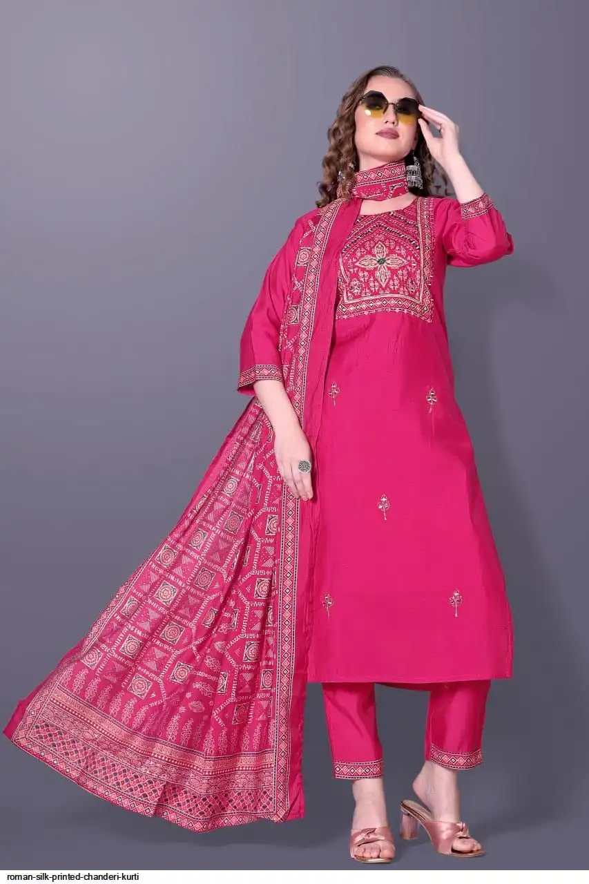 ROMAN SILK PRINTED CHANDERI KURTI B