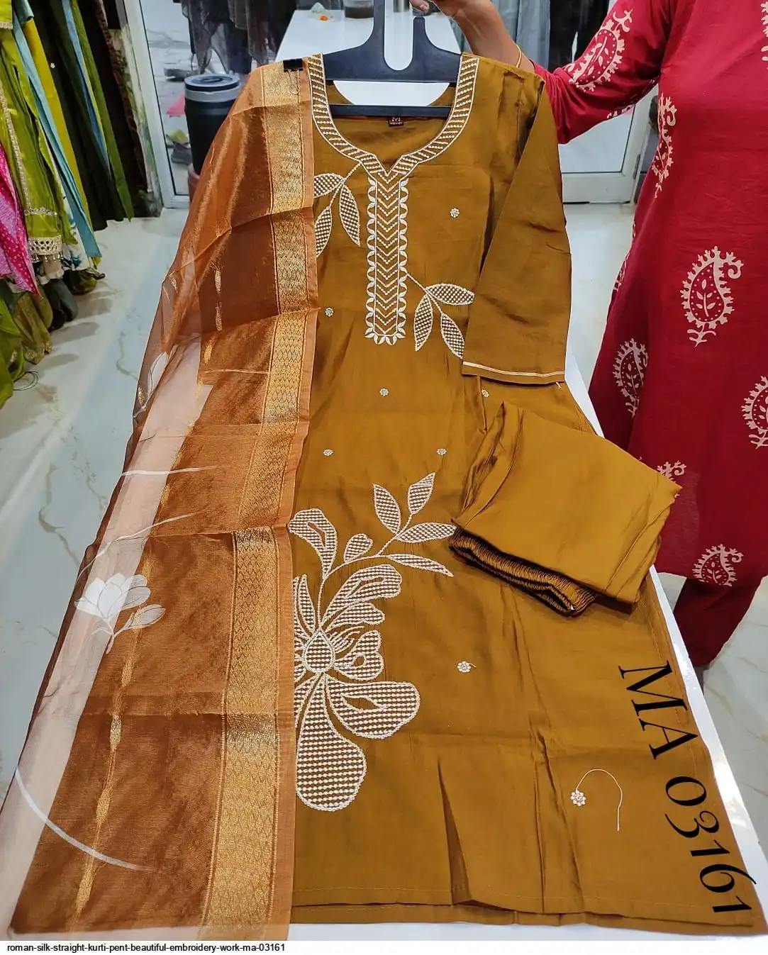 ROMAN SILK STRAIGHT KURTI PENT BEAUTIFUL EMBROIDERY WORK MA 03161 A