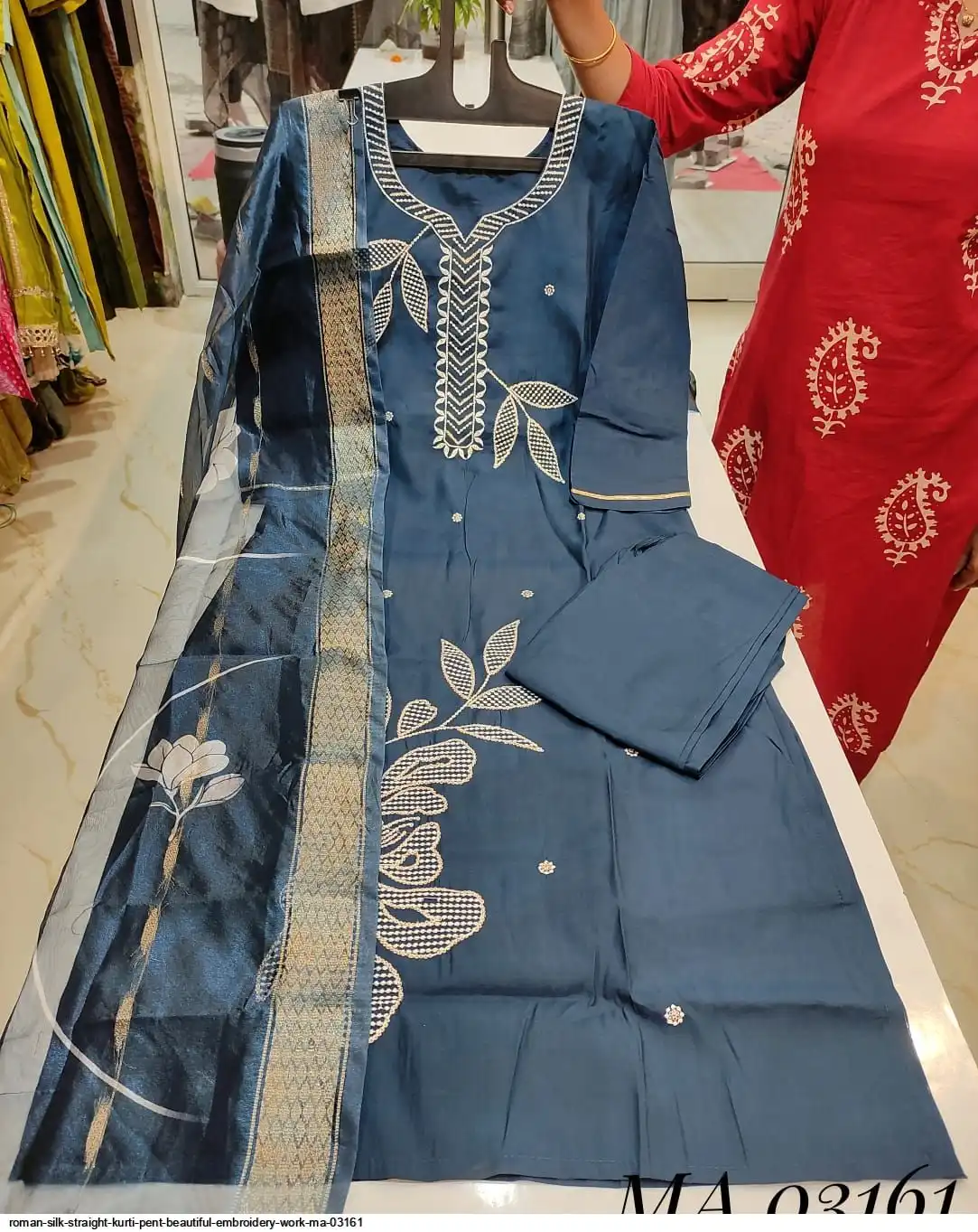 ROMAN SILK STRAIGHT KURTI PENT BEAUTIFUL EMBROIDERY WORK MA 03161 B