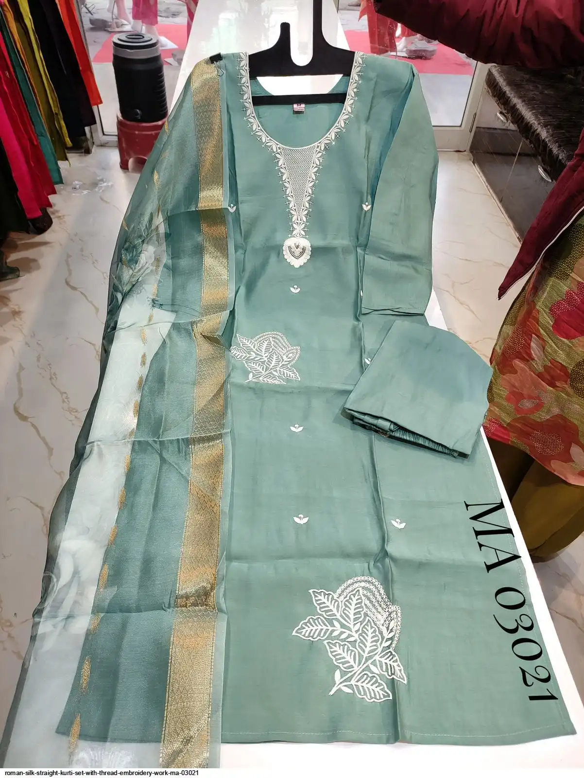 ROMAN SILK STRAIGHT KURTI SET WITH THREAD EMBROIDERY WORK MA 03021 B