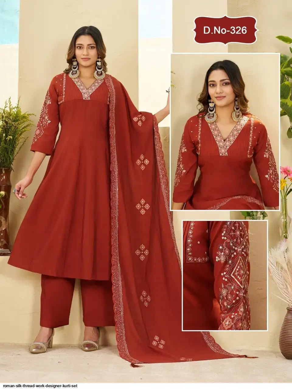ROMAN SILK THREAD WORK DESIGNER KURTI SET 326