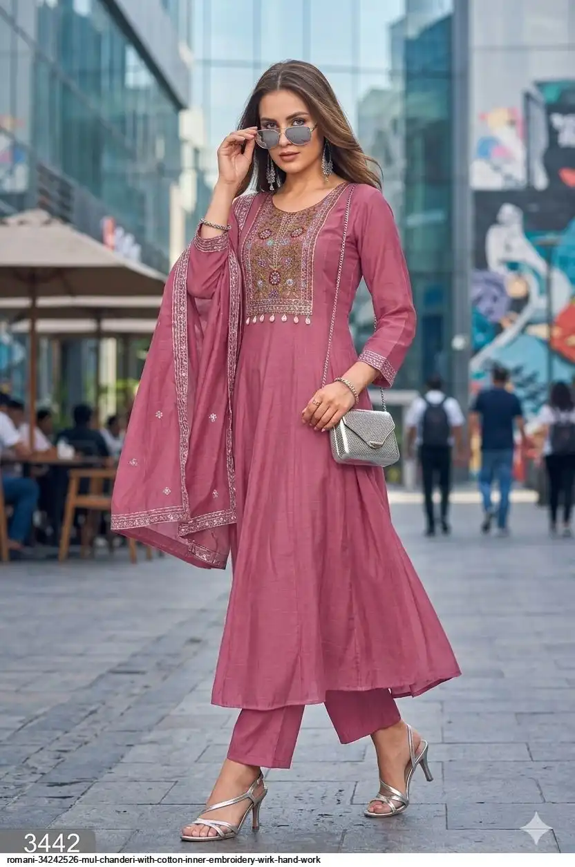 ROMANI 34242526 MUL CHANDERI WITH COTTON INNER EMBROIDERY WIRK HAND WORK 3442