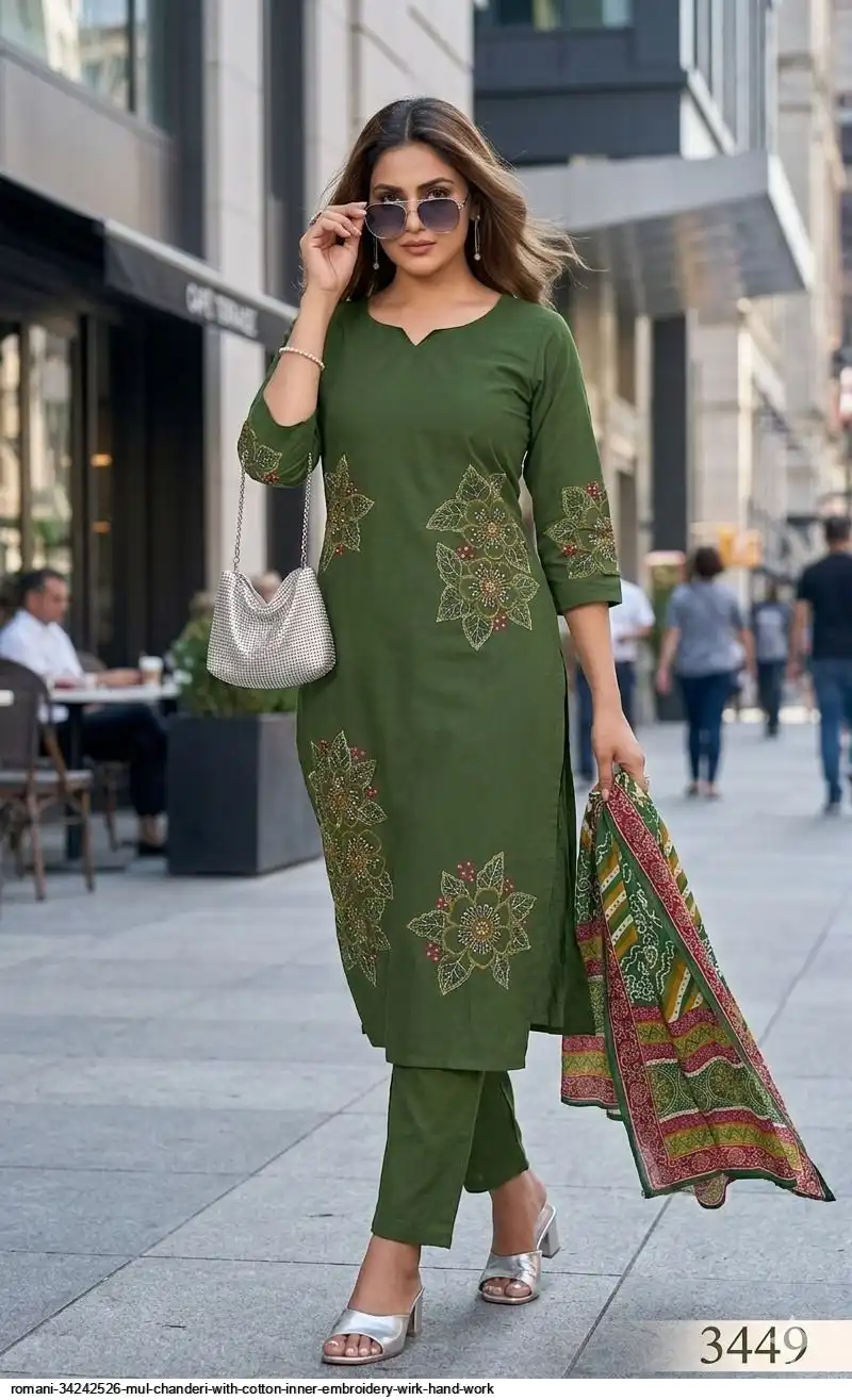 ROMANI 34242526 MUL CHANDERI WITH COTTON INNER EMBROIDERY WIRK HAND WORK 3449