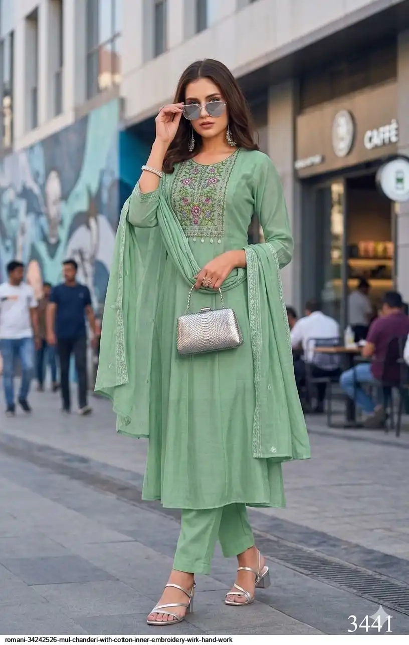 ROMANI 34242526 MUL CHANDERI WITH COTTON INNER EMBROIDERY WIRK HAND WORK 3441