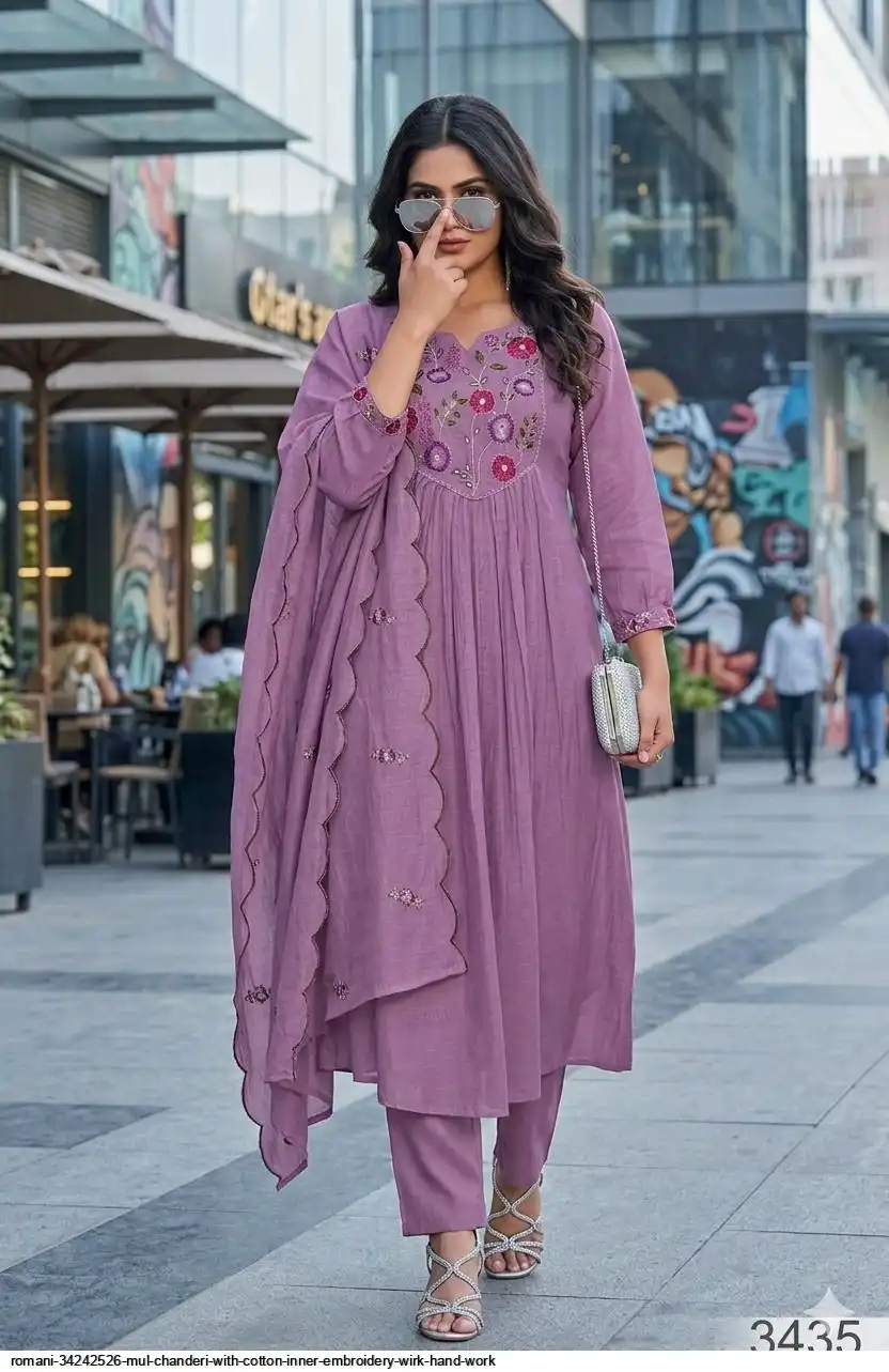 ROMANI 34242526 MUL CHANDERI WITH COTTON INNER EMBROIDERY WIRK HAND WORK 3435