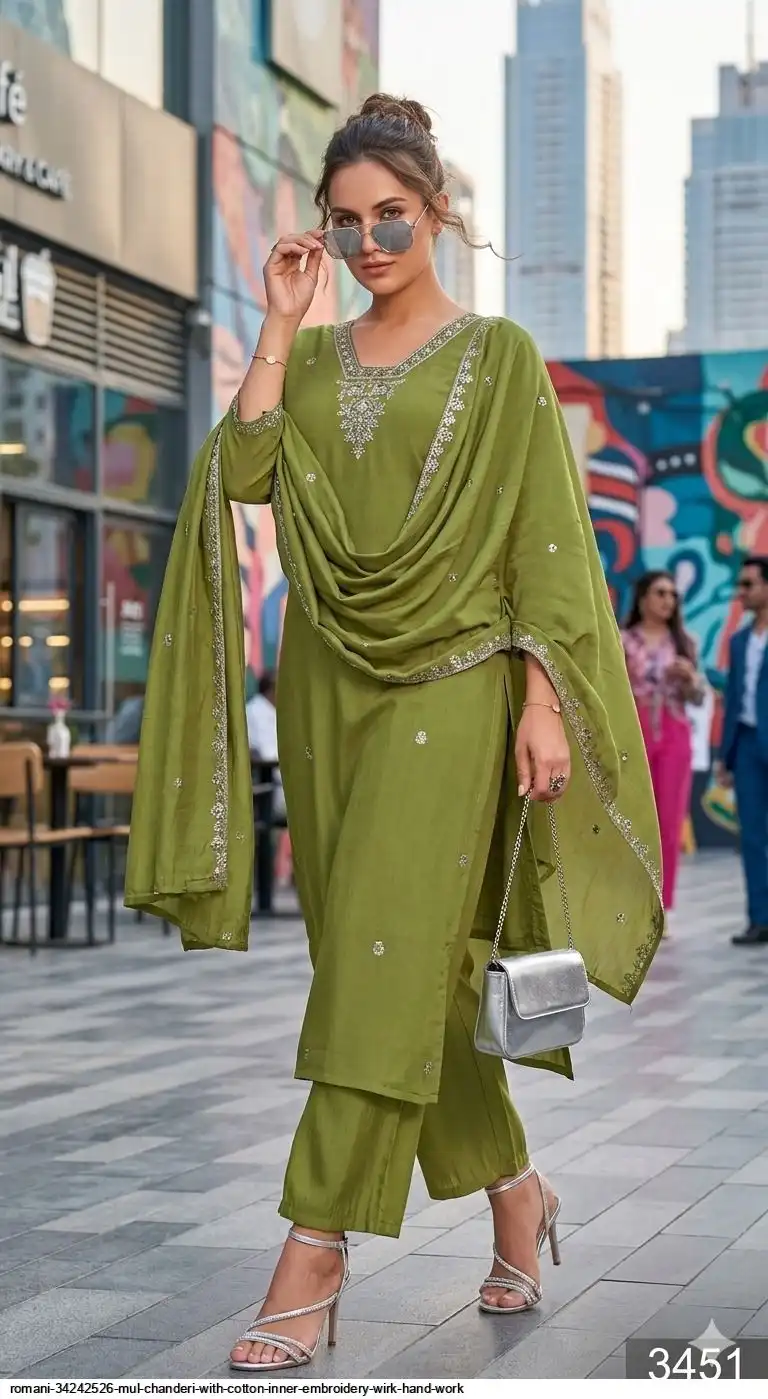 ROMANI 34242526 MUL CHANDERI WITH COTTON INNER EMBROIDERY WIRK HAND WORK 3451