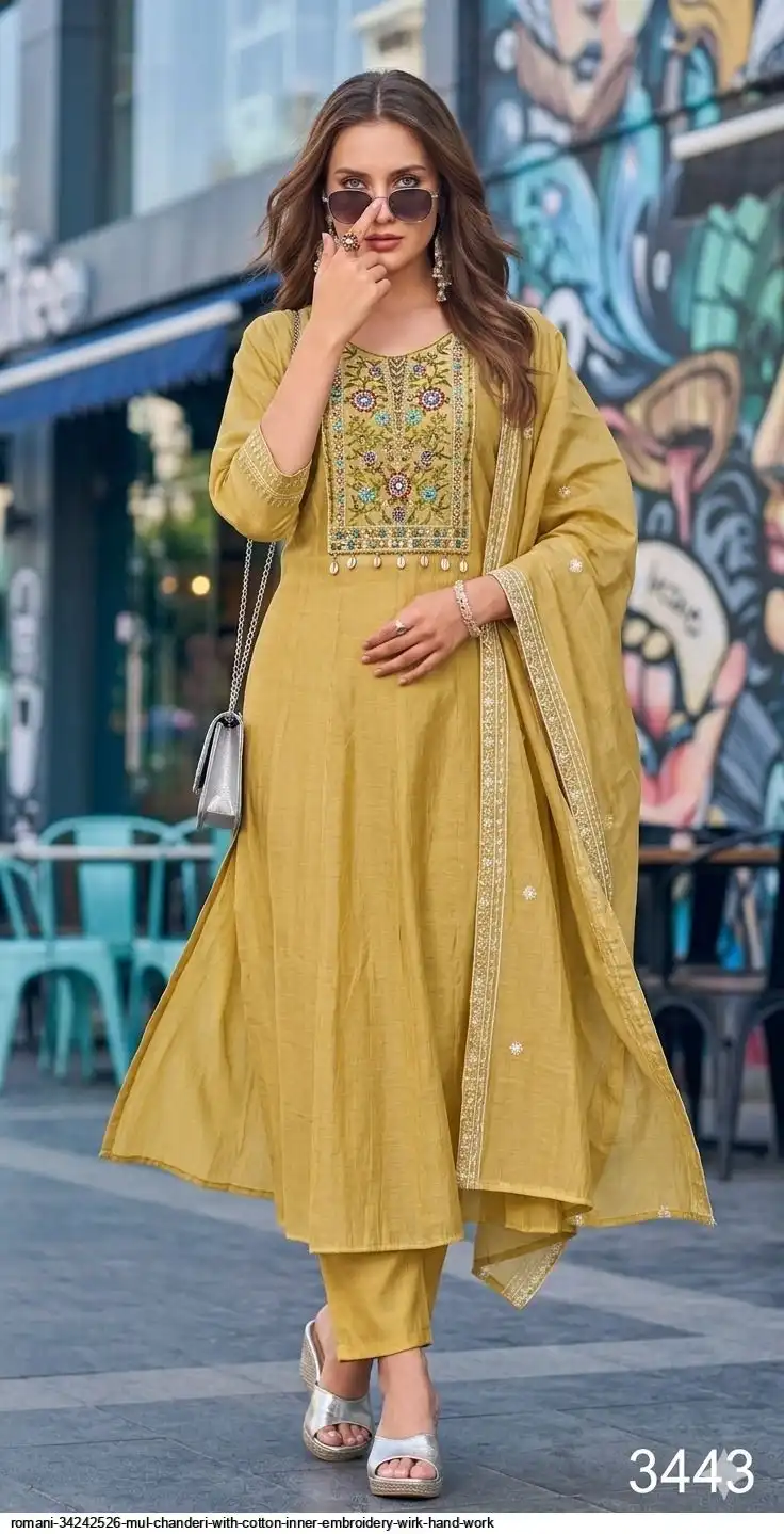 ROMANI 34242526 MUL CHANDERI WITH COTTON INNER EMBROIDERY WIRK HAND WORK 3448