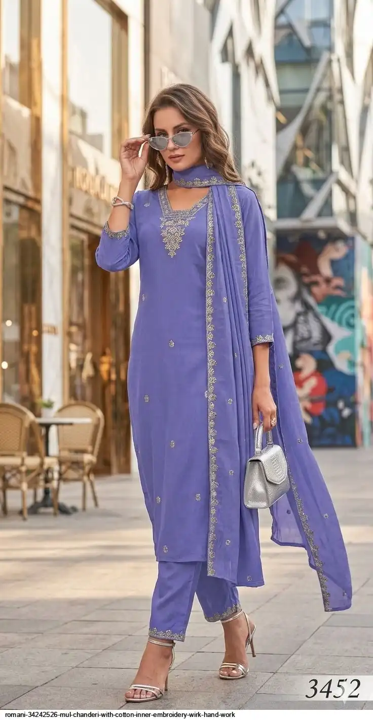 ROMANI 34242526 MUL CHANDERI WITH COTTON INNER EMBROIDERY WIRK HAND WORK 3452
