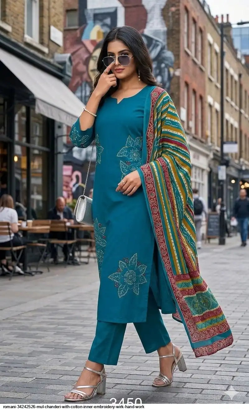 ROMANI 34242526 MUL CHANDERI WITH COTTON INNER EMBROIDERY WIRK HAND WORK 3450