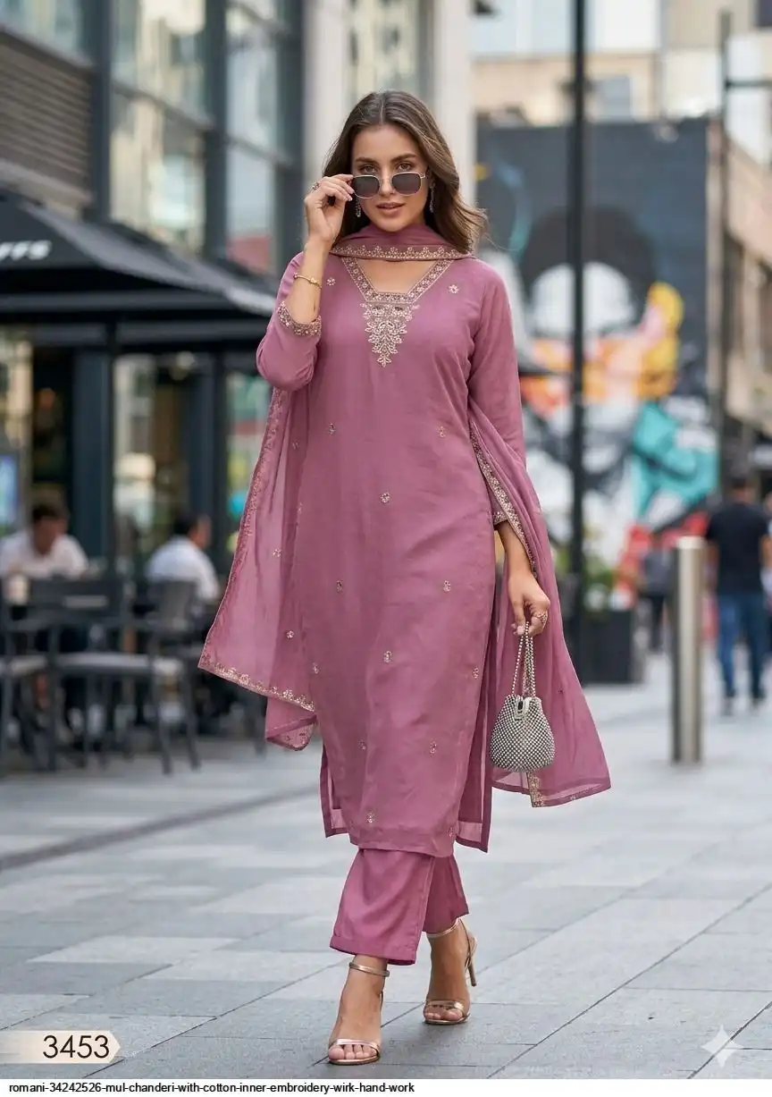 ROMANI 34242526 MUL CHANDERI WITH COTTON INNER EMBROIDERY WIRK HAND WORK 3453