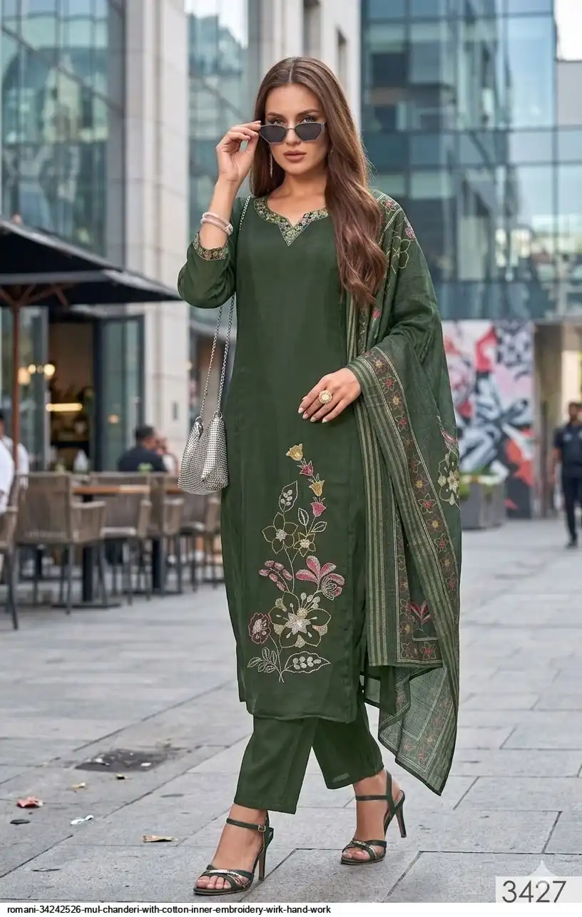 ROMANI 34242526 MUL CHANDERI WITH COTTON INNER EMBROIDERY WIRK HAND WORK 3427