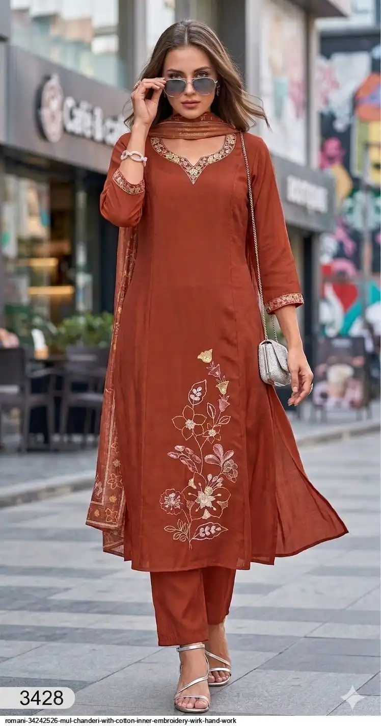 ROMANI 34242526 MUL CHANDERI WITH COTTON INNER EMBROIDERY WIRK HAND WORK 3428