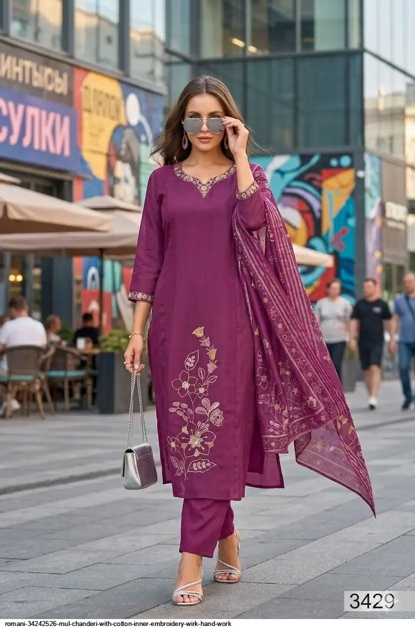 ROMANI 34242526 MUL CHANDERI WITH COTTON INNER EMBROIDERY WIRK HAND WORK 3429