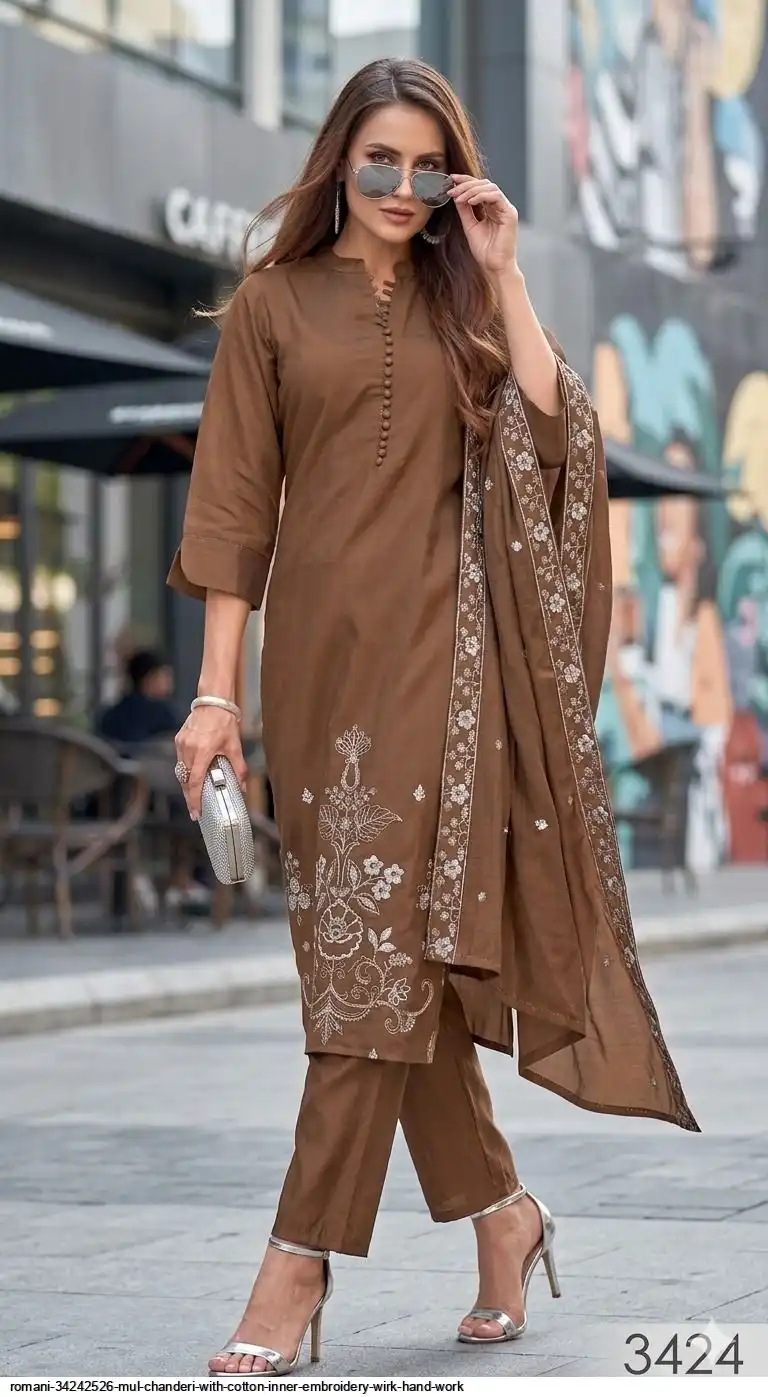 ROMANI 34242526 MUL CHANDERI WITH COTTON INNER EMBROIDERY WIRK HAND WORK 3424