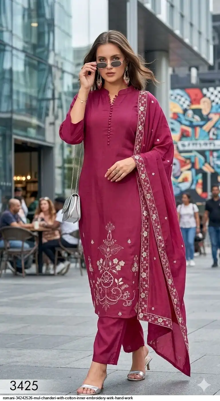 ROMANI 34242526 MUL CHANDERI WITH COTTON INNER EMBROIDERY WIRK HAND WORK 3425