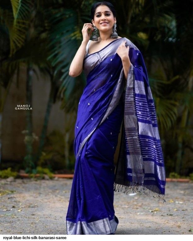 ROYAL BLUE LICHI SILK BANARASI SAREE
